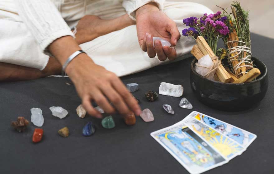 tarot cards exploring and crystals